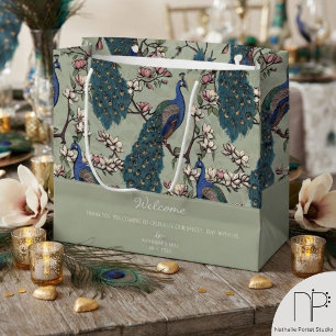 Welcome Sage Green Floral Peacocks Large Gift Bag