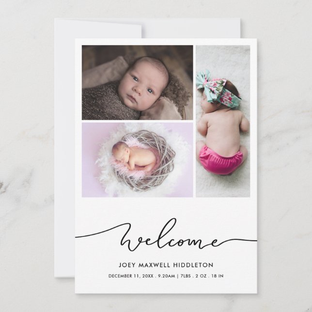 Welcome Script Baby Photo Birth Announcement (Front)