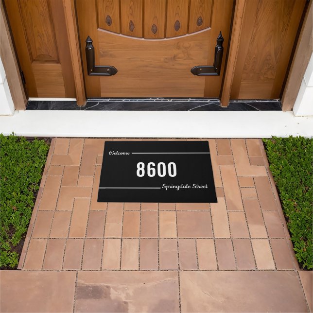 Welcome Script Black and White Street Address Sign Doormat (Outdoor)