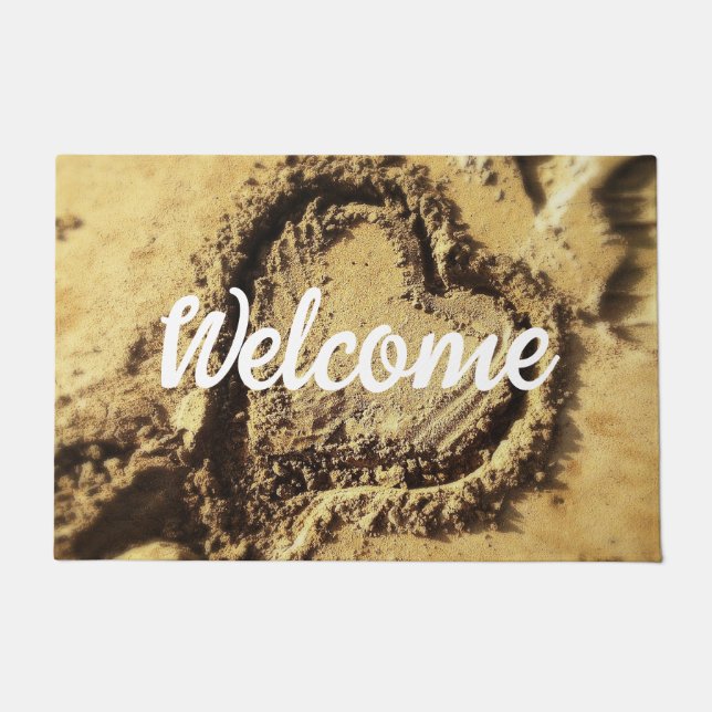 Welcome Script Bold Heart Golden Beach Sand Photo Doormat (Front)