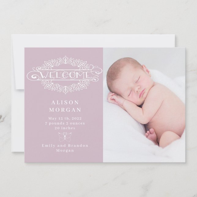 welcome script butterfly blush birth announcement (Front)