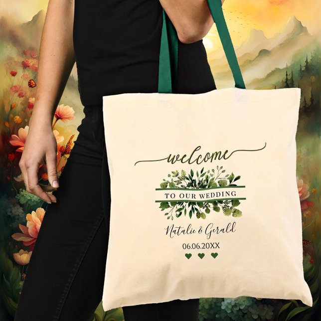 Welcome Script Greenery Wedding Tote Bag (An elegant wedding tote bag featuring a stylized green welcome script text and greenery)
