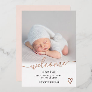 Welcome script heart photo baby birth rose gold