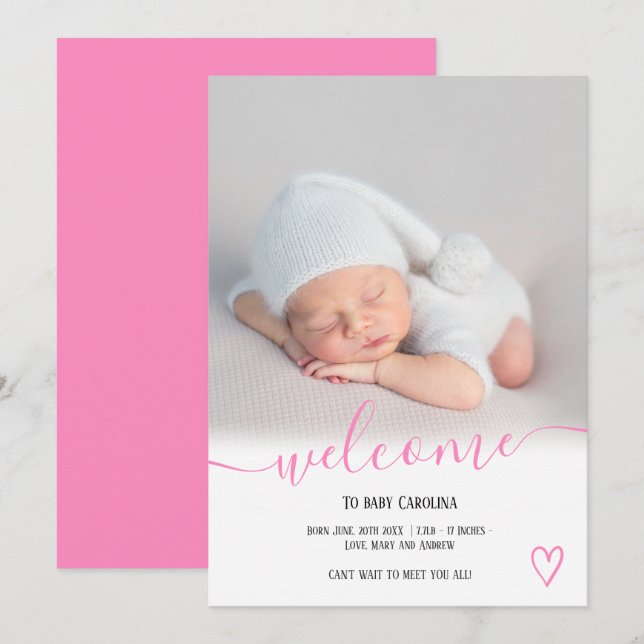 Welcome script heart photo pink girl baby birth announcement (Front/Back)