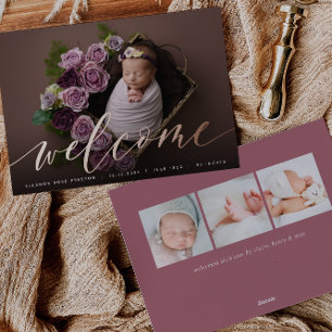 Welcome Script   Rose Gold Foil Birth Announcement