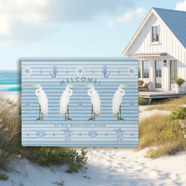 Welcome Sea Turtle Seahorse Striped Family Name Doormat (Creator Uploaded)