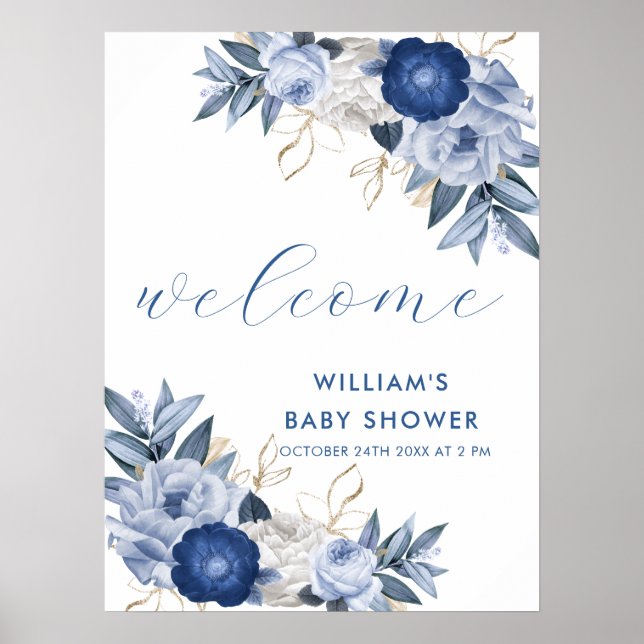 Welcome Sign Blue White Floral Baby Shower Poster (Front)