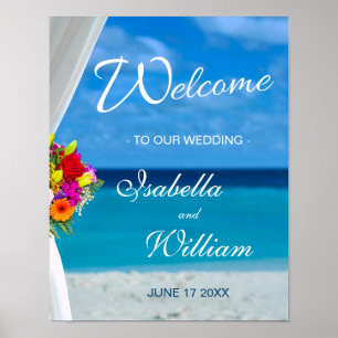 Welcome Sign Colourful Flowers Beach Wedding