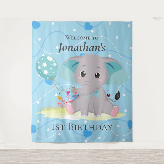 welcome sign Cute Elephant Blue Backdrop Tapestry (Front)