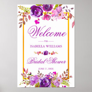Welcome Sign Elegant Chic Gold Purple Floral