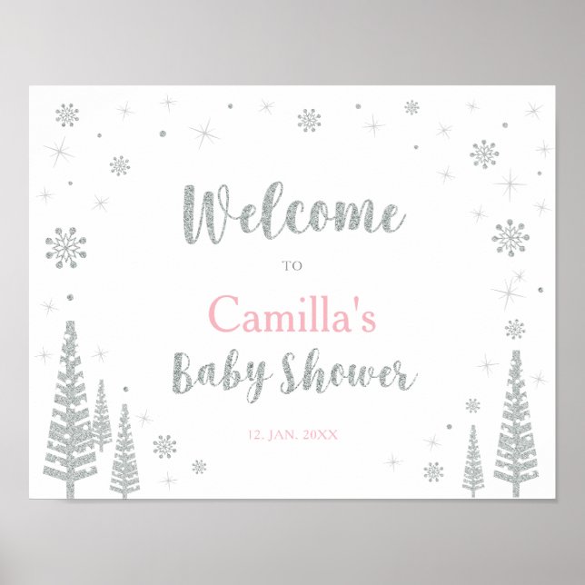 Welcome Sign for Winter Baby Shower, Girl, Pink (Front)