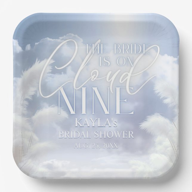 Welcome Sign On Cloud Nine 9 Pampas Bridal Shower Paper Plate (Front)