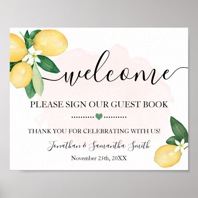 Welcome Sign Our Guest Book Wedding Lemons Pink (Front)