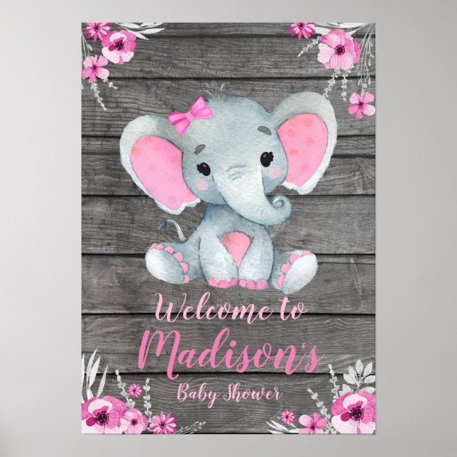 Welcome Sign Poster Elephant Rustic Pink Floral (Front)