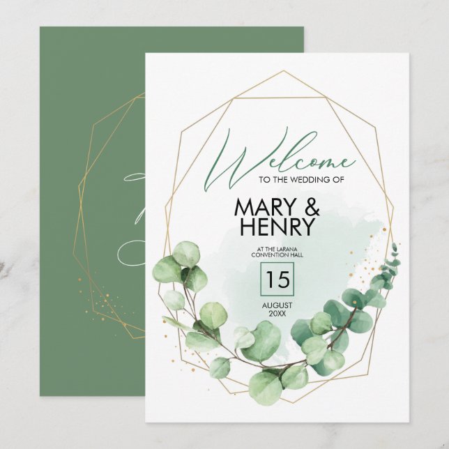 Welcome sign wedding party greenery eucalyptus invitation (Front/Back)