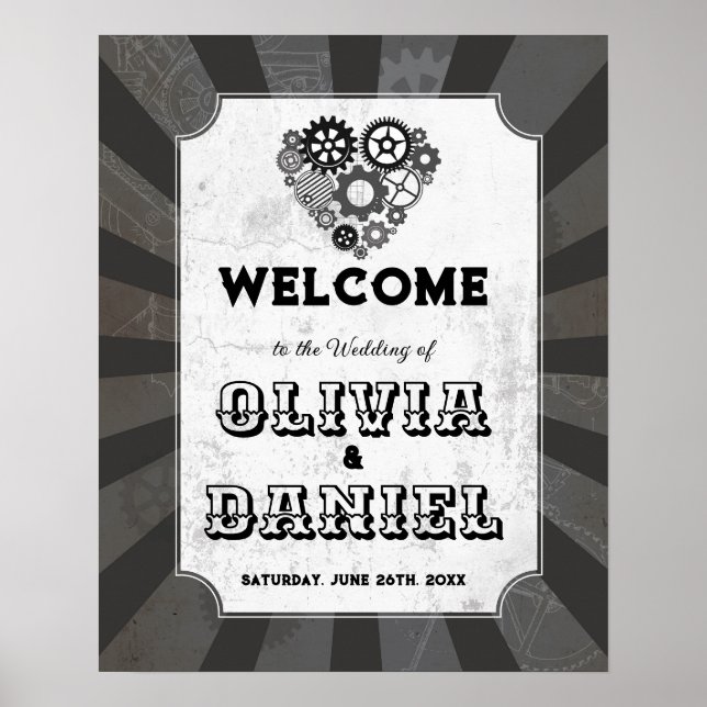 Welcome Sign Wedding Steampunk Wedding Hearts Cogs (Front)