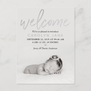 "Welcome" Silver Foil Photo Birth Announcement Postcard
