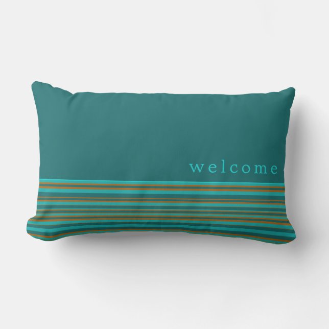 Welcome | Simple Turquoise & Orange Stripe Pattern Lumbar Cushion (Front)