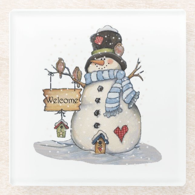 Welcome Snowman Glass Coaster (Front)