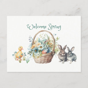 Welcome Spring Flowers Basket, Bunnies, Duckling  Postcard