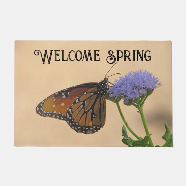 Welcome Spring Purple Floral Monarch Butterfly Doormat (Front)