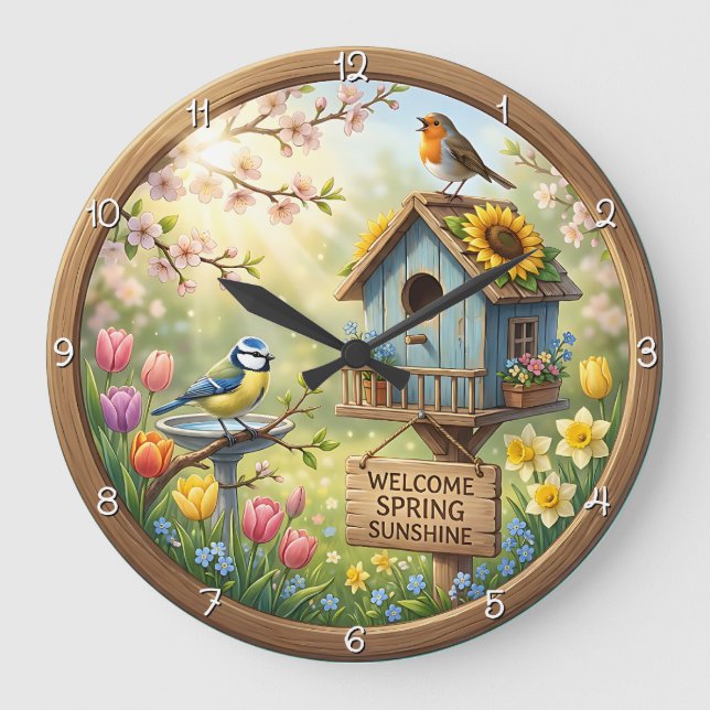 Welcome Spring Sunshine Birdhouse Large Clock (Front)