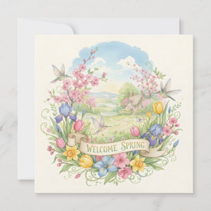 Welcome Spring Watercolor Flowers and Hummingbirds Card
