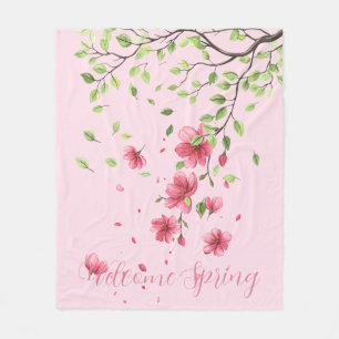 Welcome Spring with Romantic Pink Cherry Blossom Fleece Blanket