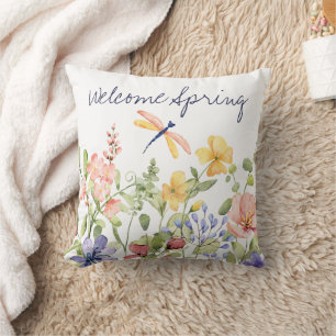 Welcome Spring with Wildflowers and Dragonfly Cushion