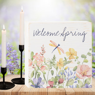 Welcome Spring with Wildflowers and Dragonfly  Wooden Box Sign