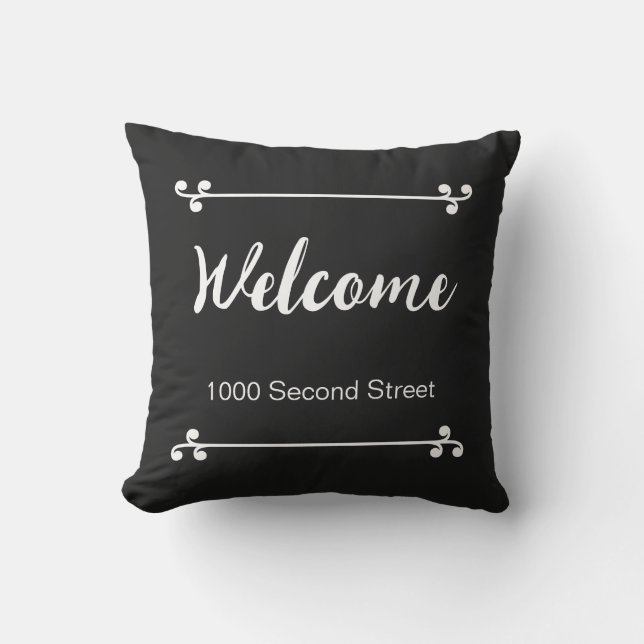 Welcome Street Address Decorative Black Cushion (Front)