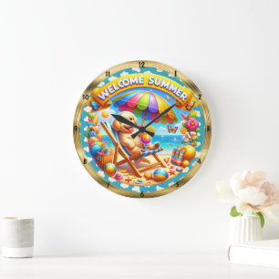 Welcome Summer Dog Beach Fun Large Clock