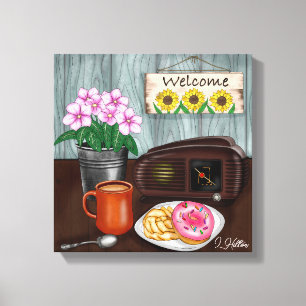 Welcome, Sunflowers, Doughnuts and Coffee Canvas Print