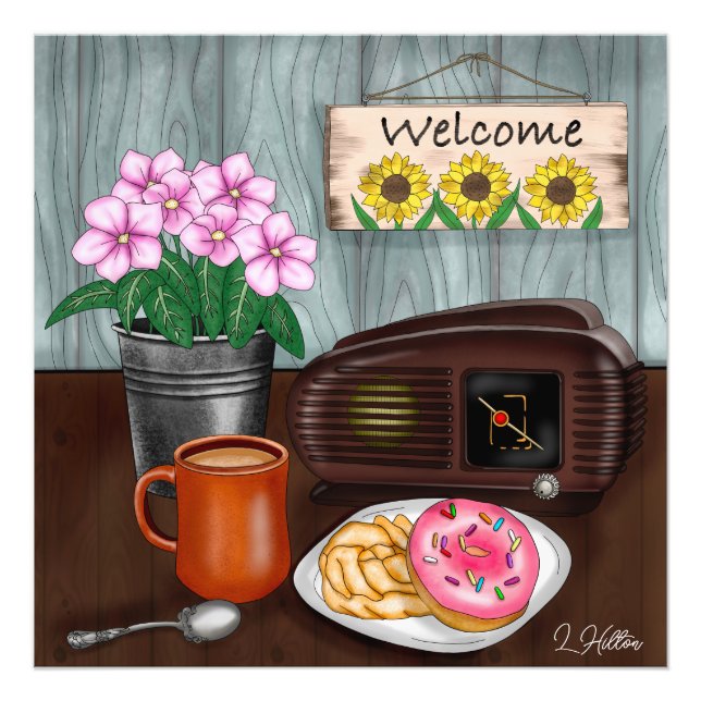 Welcome, Sunflowers, Doughnuts and Coffee Photo Print (Front)