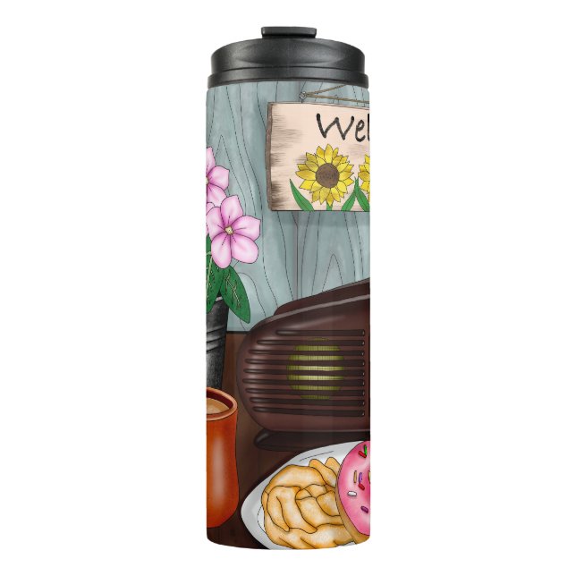 Welcome, Sunflowers, Doughnuts and Coffee Thermal Tumbler (Front)