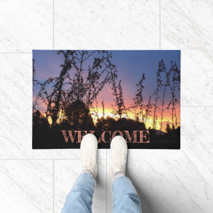 WELCOME Sunrise Between Wildflower Silhouettes Doormat