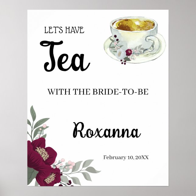 Welcome Tea Bridal Shower Floral Marsala Sign (Front)