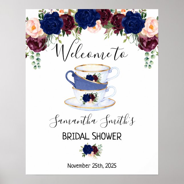 Welcome Tea bridal shower navy marsala floral sign (Front)