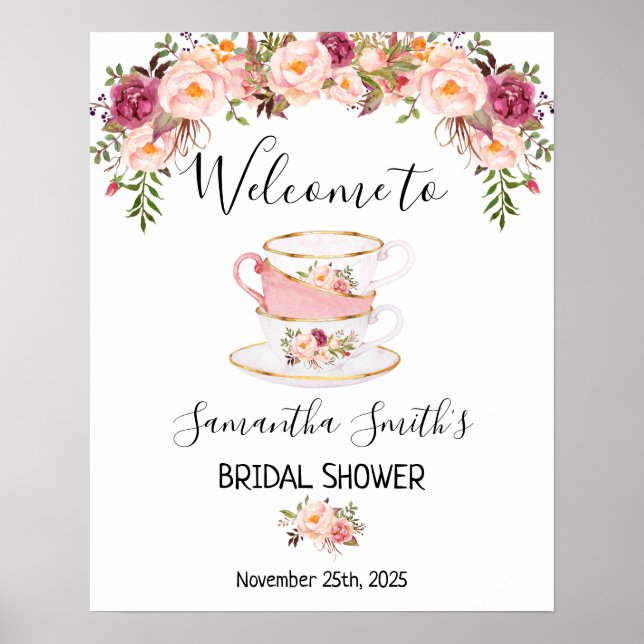 Welcome Tea bridal shower pink floral sign (Front)