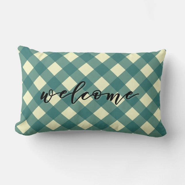 WELCOME - TEAL GINGHAM LUMBAR CUSHION (Front)