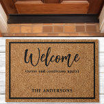 Welcome Terms And Conditions Apply Funny Doormat<br><div class="desc">The "Welcome (terms and conditions apply)" doormat adds a humourous spin to the standard greeting, perfectly suited for those who appreciate a bit of wit right at their doorstep. This customisable doormat allows you to make it truly personal by adding your own family name or a funny clause. It's a...</div>