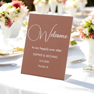 Welcome Terracotta Brown White Wedding  Pedestal Sign