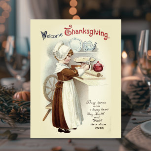 Welcome Thanksgiving Vintage Pilgrim Girl  Postcard
