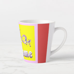 Welcome themed colours silver red yellow with word latte mug
