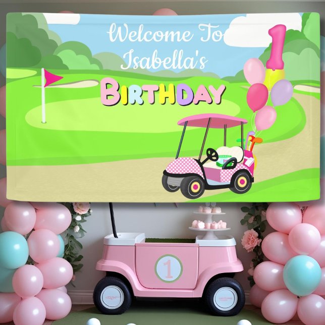Welcome to 1st Birthday Polka Dot Pink Girly Golf  Banner (Creator Uploaded)