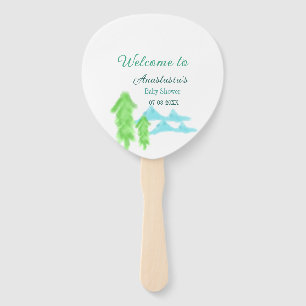 welcome to baby shower name blue green tree hill hand fan