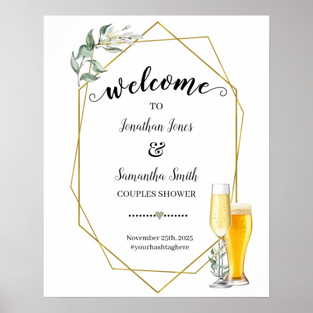 Welcome to bubbles and brews greenery gold shower poster (Front)