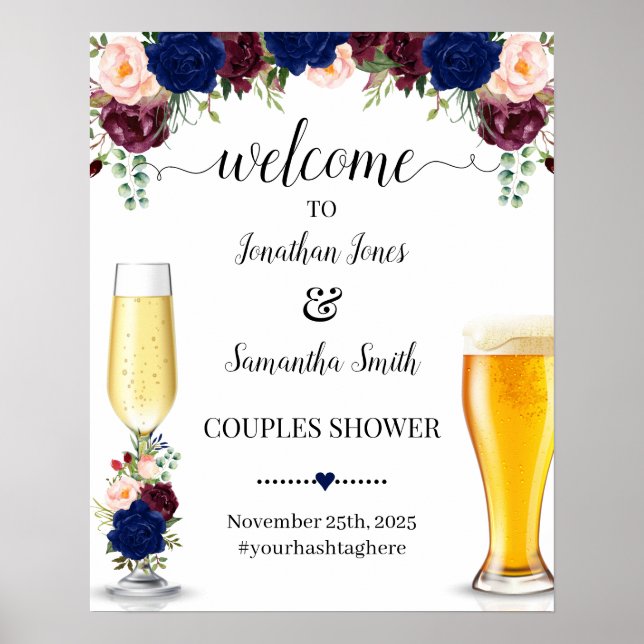 Welcome to bubbles and brews navy burgundy shower poster (Front)