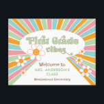Welcome to First Grade 70s Retro Teacher's Postcard<br><div class="desc">This colourful "Welcome to First Grade" postcard features a fun 1970s style retro design. This postcard is perfect for a teacher to introduce herself to her upcoming students.</div>