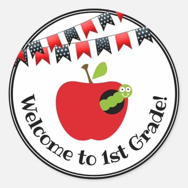 Welcome to First Grade Red and Black Classic Round Sticker (Front)